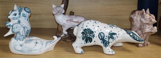 David Sharp, Rye Pottery, a blue floral design badger, squirrel and duck, another figure of a fox and a squirrel money box